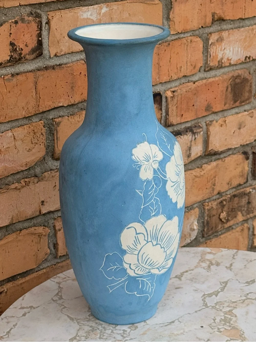 Large Blue Floral Ceramic Vase with White Flower Motif